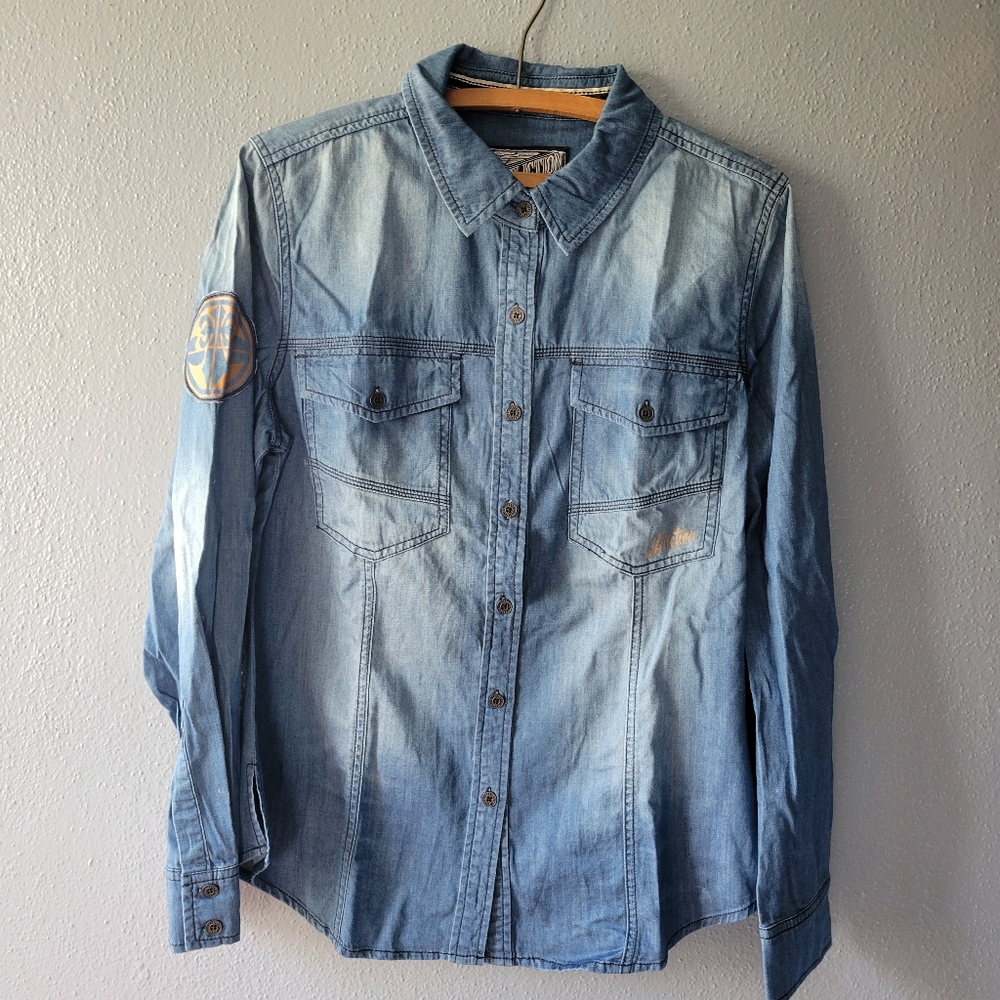 NWT Affliction chambray/ denim top.